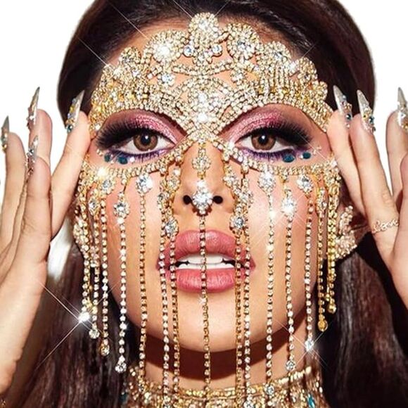 Women's Rhinestone Tassel Veil Masks Forehead Chain Rave Crystal Chains Mask - Picture 2 of 6